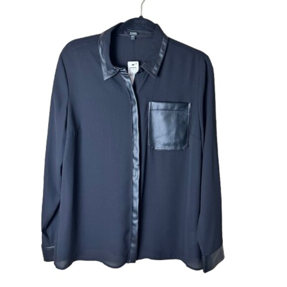 NWT New Express Leather Trim Sheer Blouse Button Up Shirt Size Large - Picture 1 of 10